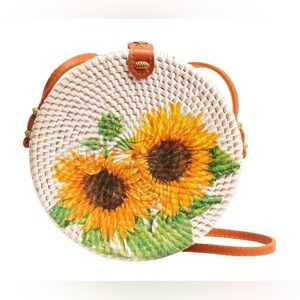 Sunflower Hand Woven Rattan Round Crossbody Bag